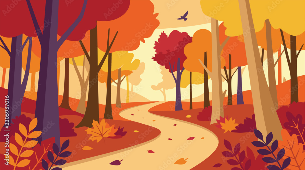 Fototapeta premium A scenic illustration of a tranquil fall forest path winding through a golden autumn woodland background, captured in a flat art style.