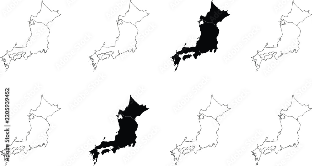 Fototapeta premium Japan Map Collection Set with Outline and Solid Country Vector Shapes