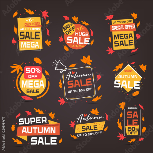 Vector illustration of orange autumn sale badges. Discount promotion design combines bold marketing style with seasonal autumn theme for business and commerce use.