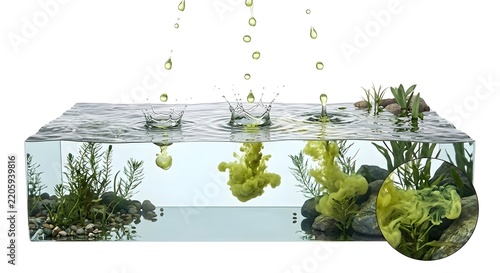 3D Scientific Cross-Section Render of Toxic Pesticide Droplets Contaminating an Aquatic Plant Ecosystem 