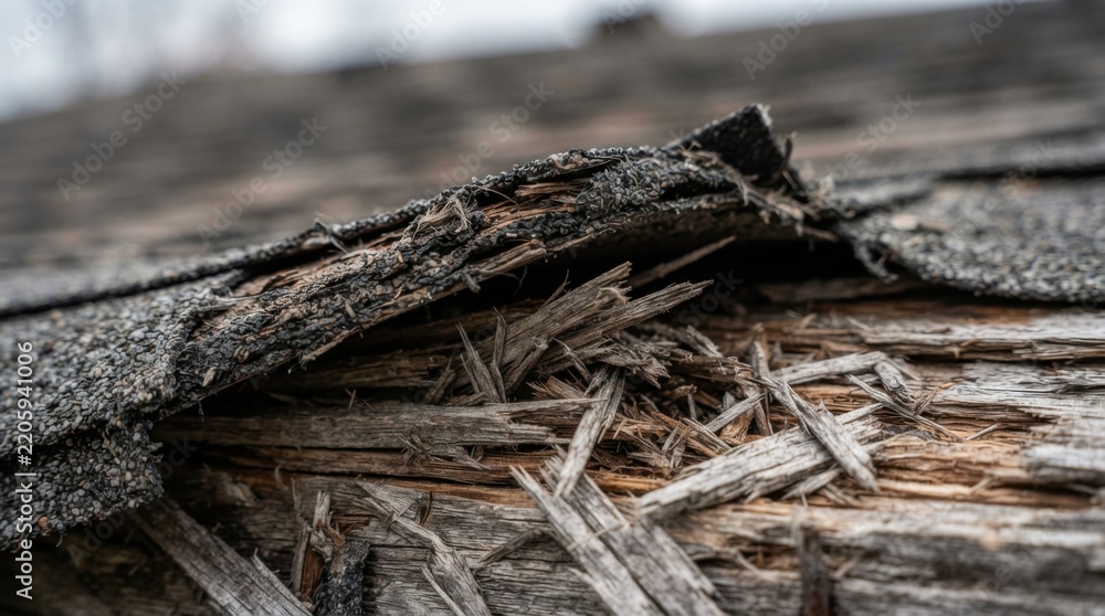 Fototapeta premium Wind torn roof shingles and splintered wood decking texture after severe storm damage