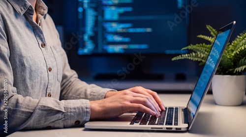 Software developer working on laptop in dark workspace showcasing modern programming, coding, technology, data, and software engineering.