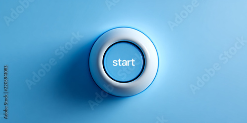 A 3D rendered top-down view of a round blue button with the word start written in the center on a solid light blue background