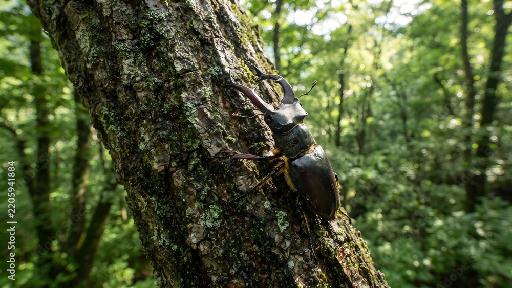 Fototapeta premium Stag Beetle on a Tree Trunk in a Sunlit Forest