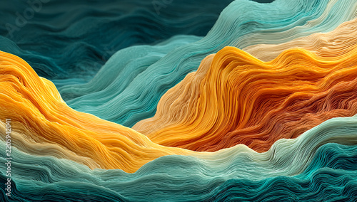 Abstract 3D background with flowing layers of golden yellow and teal fabric texture creating a wavy landscape effect