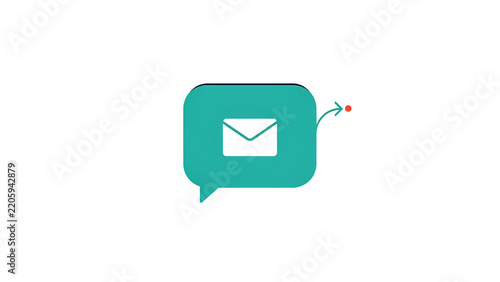 Flat of a teal speech bubble containing a white envelope symbol with a small red dot and arrow on a white background, for email