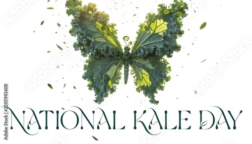 Butterfly shape made from fresh green kale leaves against a white background with nature art organic food vegan food raw ingredients plant based