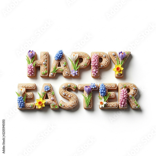 Creative Decorative Happy Easter Text Made of Cookie Letters with Flowers