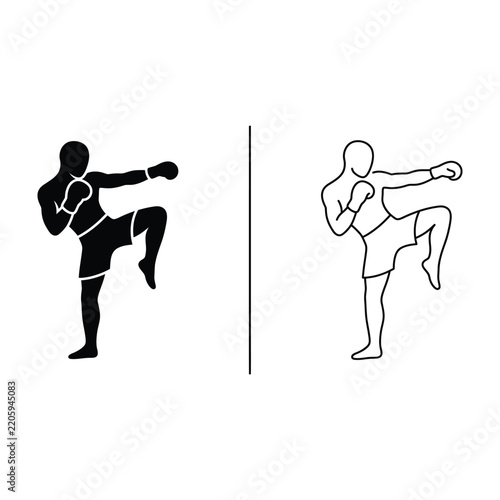 Comparison of a kickboxing fighter icon in solid black silhouette and a thin black line outline style on a white background