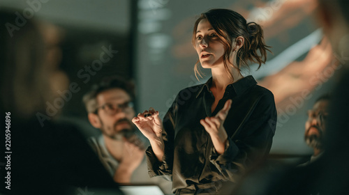 Businessman gesturing while speaking passionately in close up portrait against dark blurred office background, dynamic communication and leadership concept