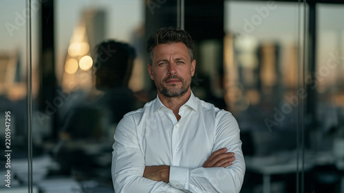 Casual businessman in white shirt with arms crossed standing confidently with blurred office background, relaxed professional executive portrait concept