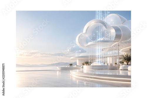Futuristic White Architecture with Glowing Digital Glass Structure and Minimalist Waterfront Smart City