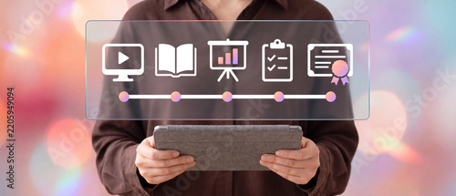 A student receives a remote online education by taking lessons and courses from a distance.