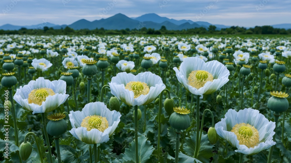Obraz premium White opium poppy field with seed pods under mountains