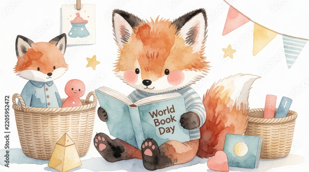 Obraz premium Cute fox reading a book for World Book Day celebration with bunting and wicker baskets background