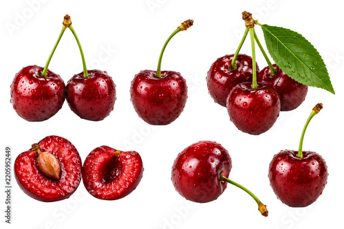 Set of fresh ripe red cherries with water drops and green leaves, PNG, transparent background
