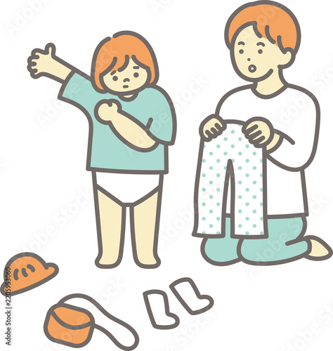 子どもの着替えの世話をするお父さんのイラスト