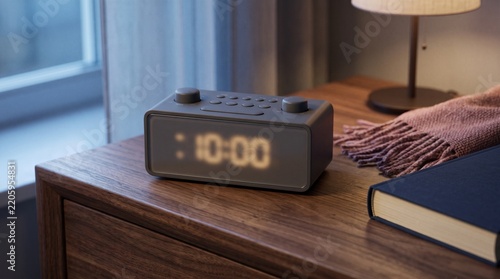 Clock radio and woven throw in an evening bedroom