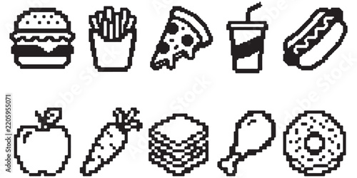 Set of pixel art fast food and healthy food icons