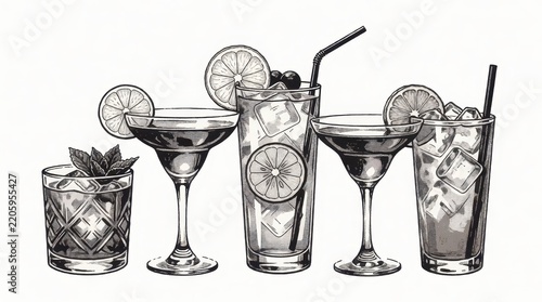 Hand drawn illustration of assorted cocktails and refreshing drinks on a white background