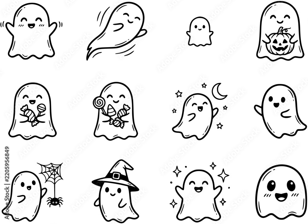 Fototapeta premium Cute Black and White Ghost Doodle Icon Sheet for Halloween