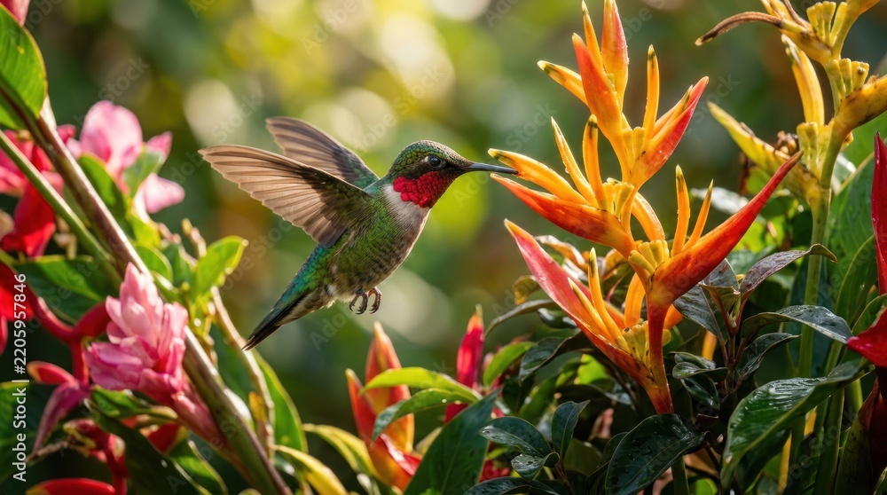 Obraz premium Ruby Throated Hummingbird Feeding on Vibrant Tropical Flowers in Lush Garden.