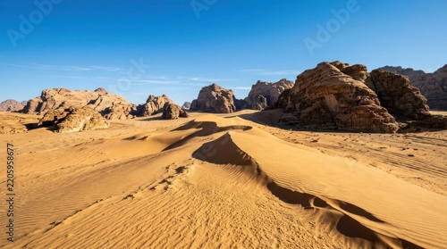 Vast Desert Landscape with Sand Dunes and Rock Formations Under a Clear Blue Sky.