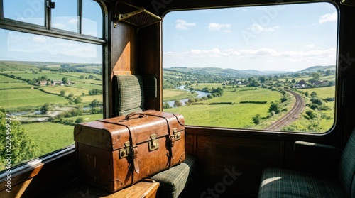 Vintage Suitcase on a Train Journey with Scenic Countryside View.