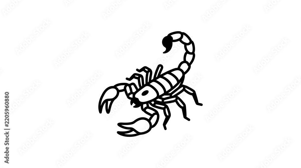 Fototapeta premium Black and white line art illustration of a scorpion with its tail curled, ready to strike.