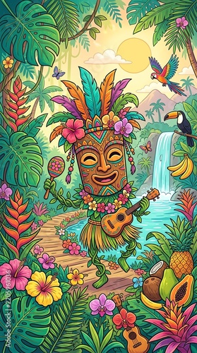Vibrant Tropical Jungle Scene with Colorful Flora and Fauna.