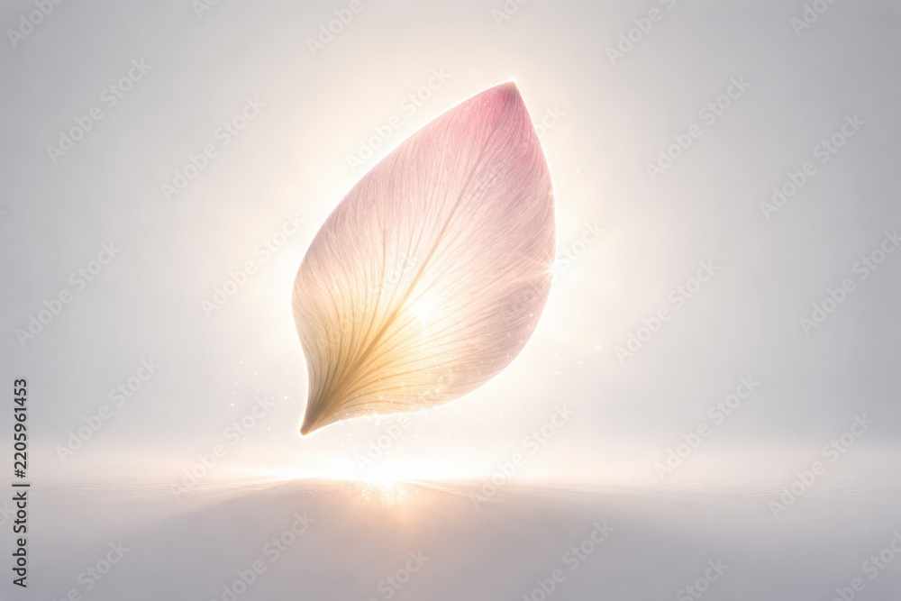 Fototapeta premium Beautiful pink leaf with sunlight shining through it on a white background with soft shadows and a warm glow, symbolizing nature and serenity