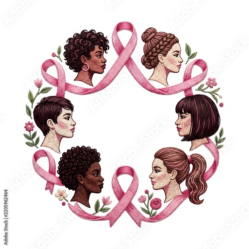 Embroidered breast cancer awareness wreath with diverse women for Pink October