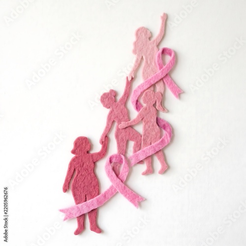 Pink October breast cancer awareness concept in felt craft style with women supporting each other and ribbons