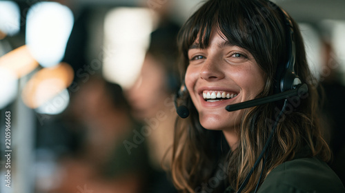 Laughing young customer service representative wearing headset enjoying pleasant conversation, genuine happiness and positive workplace attitude concept