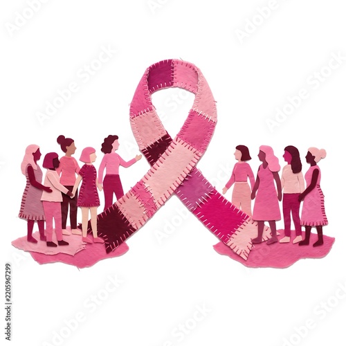 Fabric patchwork style pink ribbon with women for breast cancer awareness and pink october campaign