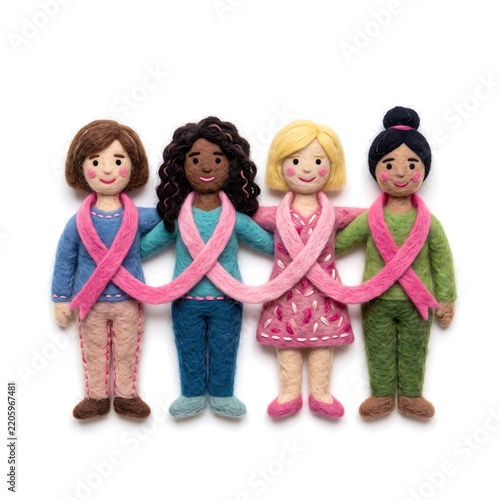 Felt craft style diverse women connected by pink ribbon supporting breast cancer awareness in pink october