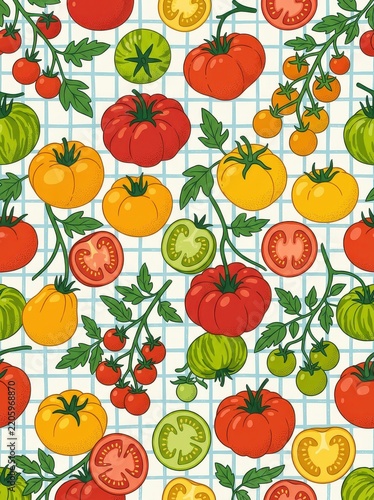 Seamless Pattern of Colorful Tomatoes, Cherry Tomatoes, and Slices on a Grid Background, Hand-Drawn Illustration for Kitchen Decor