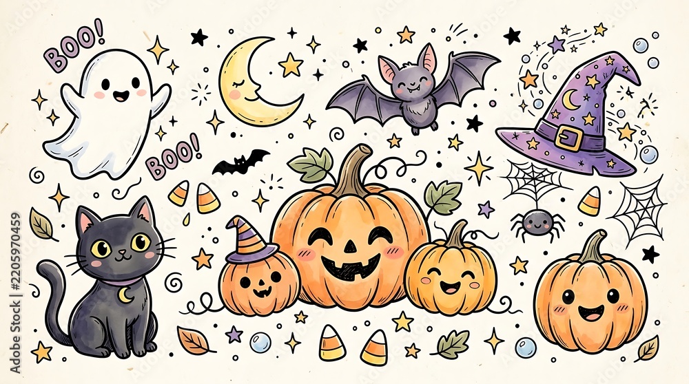 Obraz premium Cute Halloween Doodle Set with Smiling Pumpkins Ghost Cat Bat Witch Hat and Stars for Holiday Decor