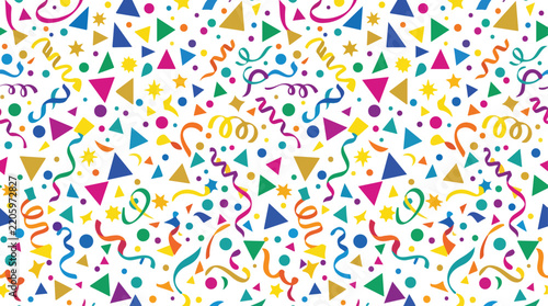 Colorful confetti and serpentine ribbons floating across a plain white background creating a festive party pattern