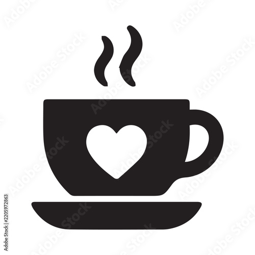 Black hot coffee cup icon with heart and steam on a white background.