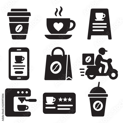 Black coffee shop icon set with cup delivery app machine on white.   