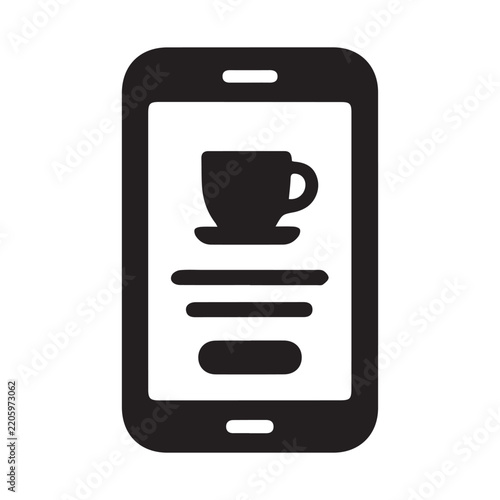 Black mobile coffee app icon smartphone ordering screen on white.