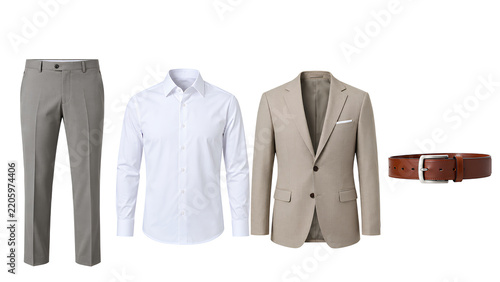 Men’s Formal Business Suit Set with Shirt Pants Blazer and Leather Belt Isolated on Transparent Background