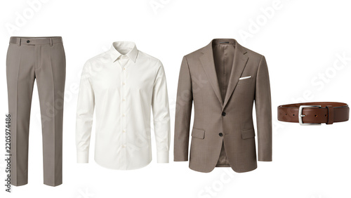 Men’s Formal Business Suit Set with Shirt Pants Blazer and Leather Belt Isolated on Transparent Background