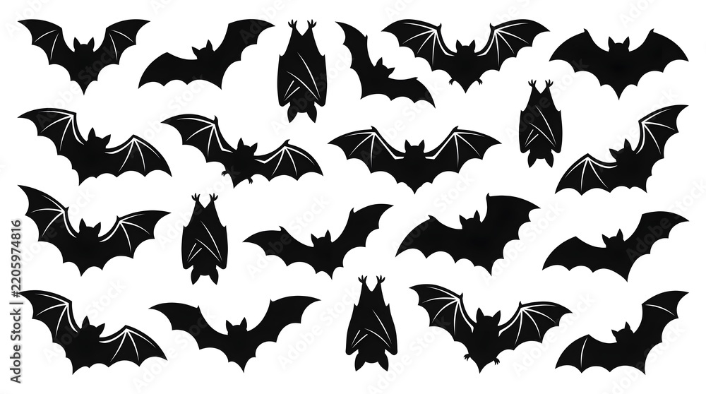 Fototapeta premium Bat silhouette collection vector. Flying and hanging bats. Halloween design elements.