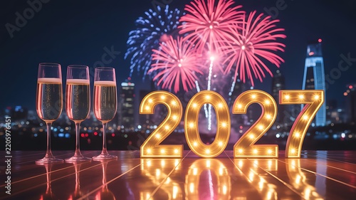 Glowing 2027 numbers with champagne glasses and colorful fireworks display over a city skyline at night