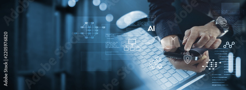 Digital technology with AI assistant, network security system, database management connecting with cloud computing and blockchain technology, data engineering, smart tech with AI coworker