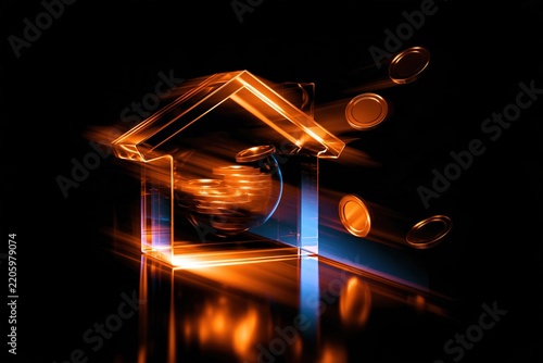Glowing transparent house filled with gold coins