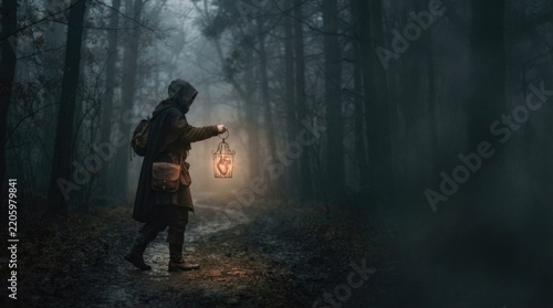 Mysterious Figure with Lantern on Foggy Forest Path