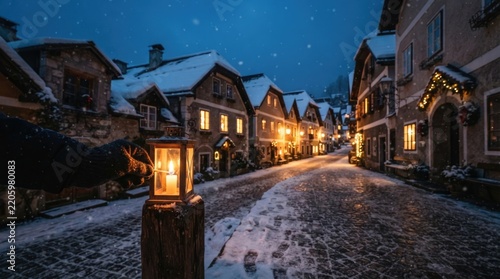 Snowy European Cobblestone Street at Night with Warm Lights